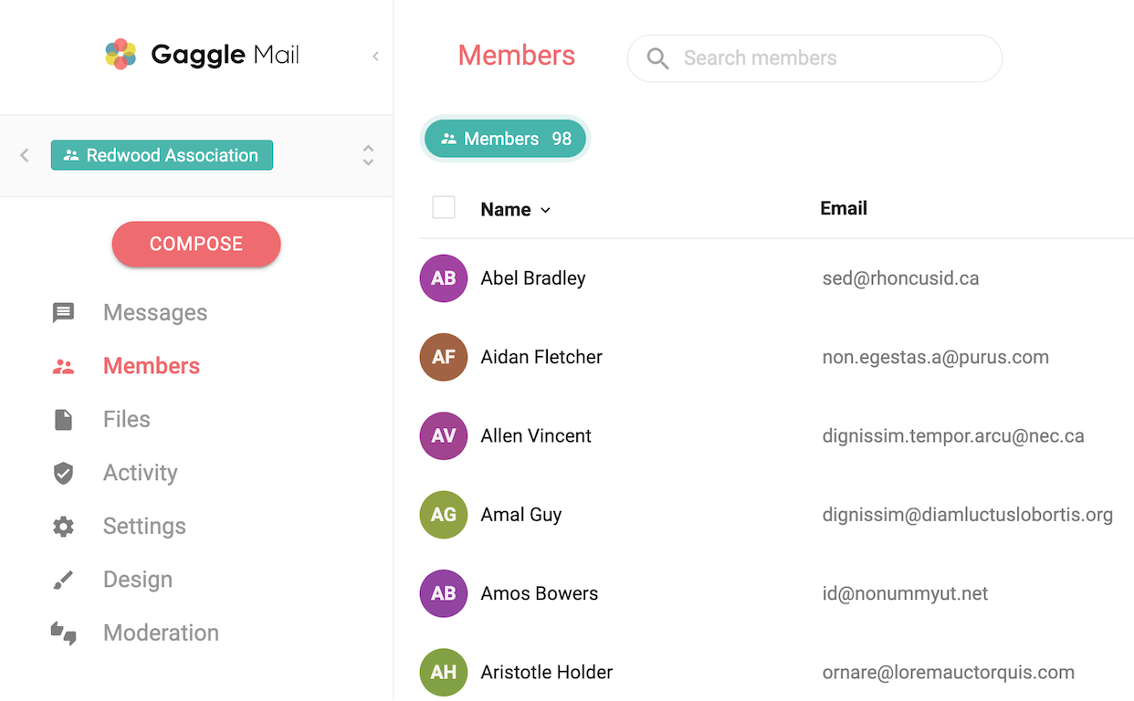 Gaggle Mail member list showing self-service membership management for a group email