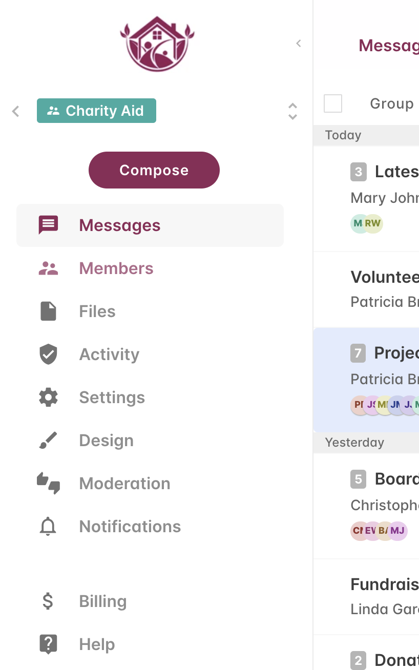 Custom branded group email page with organization logo and colors