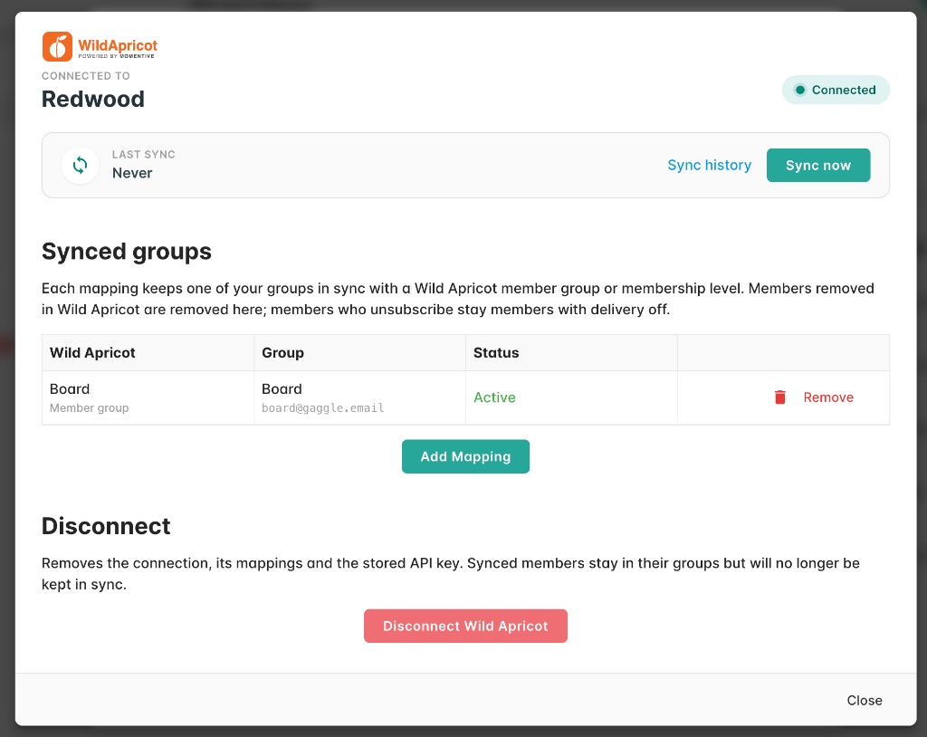 Mapping Wild Apricot membership levels to Gaggle Mail groups